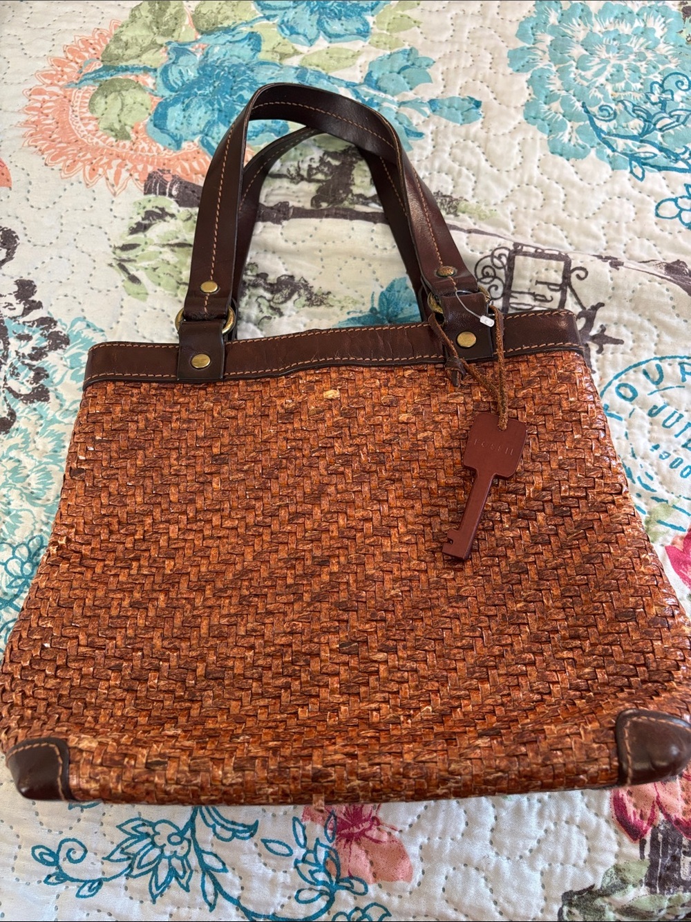 Fossil Brown Woven Tote with Dark Leather Trim
